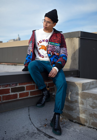 Какие ботинки челси носить с разноцветным бомбером мужчине