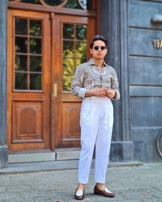 С чем носить разноцветную рубашку с длинным рукавом с "огурцами" мужчине