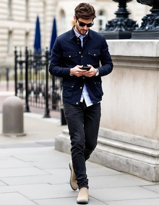 С чем носить темно-сине-зеленую куртку мужчине