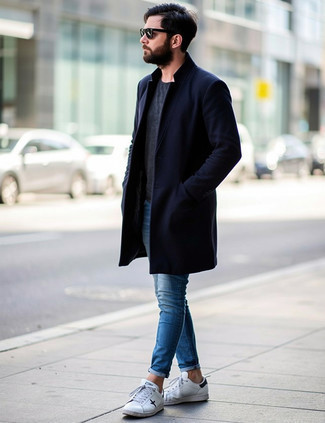 С чем носить темно-сине-зеленое длинное пальто