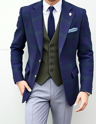 С чем носить темно-сине-зеленый пиджак в шотландскую клетку мужчине