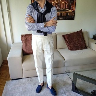 С чем носить темно-сине-зеленые замшевые лоферы мужчине