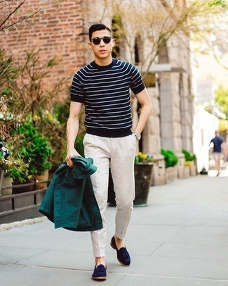 С чем носить темно-сине-зеленые замшевые лоферы мужчине