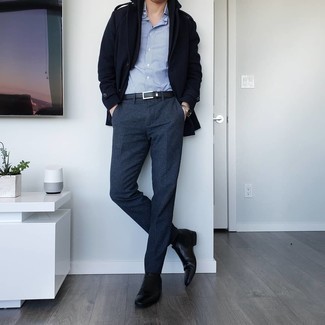 С чем носить темно-сине-зеленые шерстяные брюки чинос