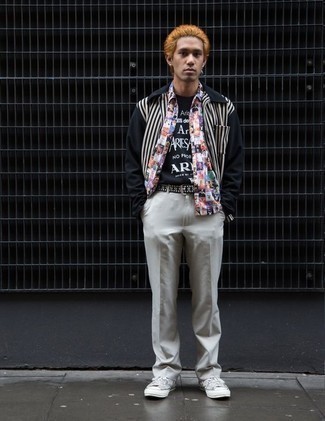 С чем носить темно-сине-белую куртку харрингтон