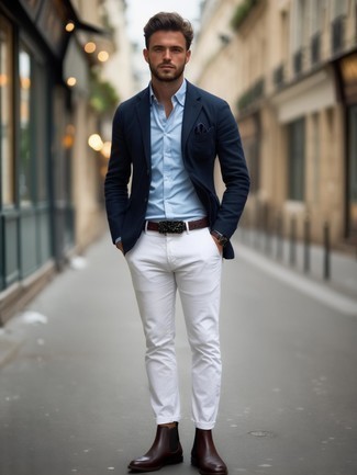 Какие брюки чинос носить с темно-синим пиджаком