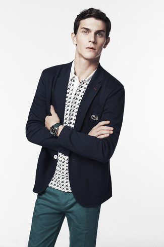 Как носить темно-синий пиджак с темно-бирюзовыми брюками чинос