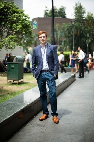 Как носить темно-синий пиджак с темно-бирюзовыми брюками чинос