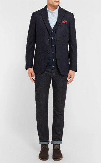 Как носить темно-синий кардиган с синим пиджаком мужчине