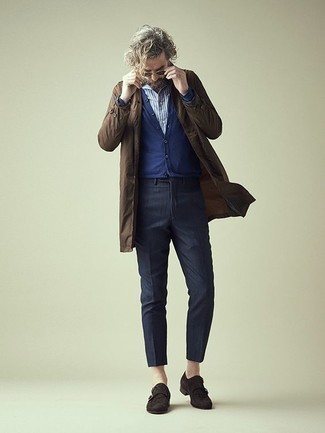 Какие монки с двумя ремешками носить с темно-синим кардиганом