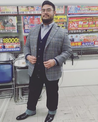 Как носить темно-синий кардиган с серым пиджаком мужчине