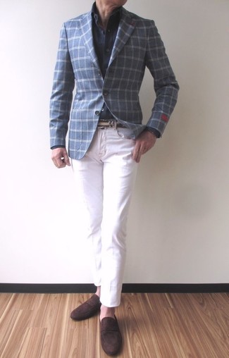 С чем носить темно-синий пиджак в клетку мужчине
