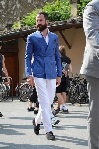 С чем носить темно-синий пиджак в клетку мужчине