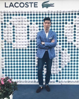 С чем носить темно-синий пиджак в клетку мужчине