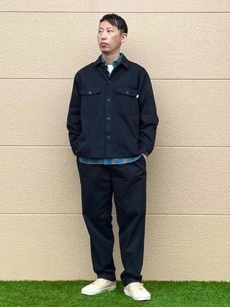 С чем носить темно-синюю рубашку в клетку мужчине