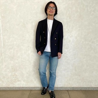 С чем носить темно-синий двубортный пиджак мужчине