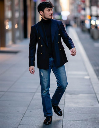 С чем носить темно-синий двубортный пиджак мужчине