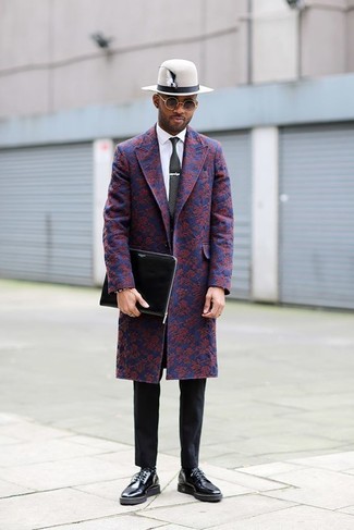 С чем носить темно-синее длинное пальто с цветочным принтом