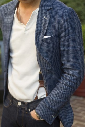 С чем носить темно-синий шерстяной пиджак с узором "гусиные лапки" мужчине