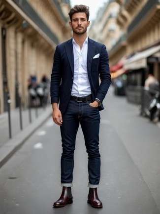 Какие пиджаки носить с темно-синими джинсами мужчине