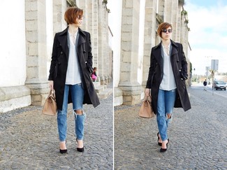 Какие открытые кардиганы носить с темно-синими джинсами женщине