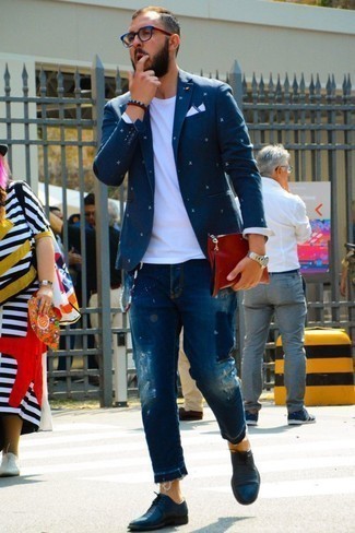 С чем носить темно-синие кожаные туфли дерби