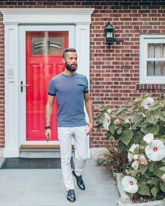 С чем носить темно-синие кожаные туфли дерби