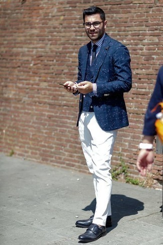 С чем носить темно-синие кожаные монки