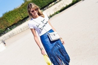 С чем носить темно-синюю кожаную юбку