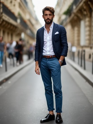 С чем носить темно-синий льняной пиджак мужчине