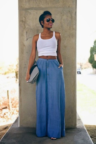 С чем носить темно-синюю длинную юбку