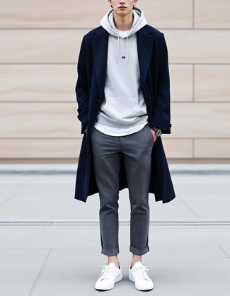 С чем носить темно-синее длинное пальто