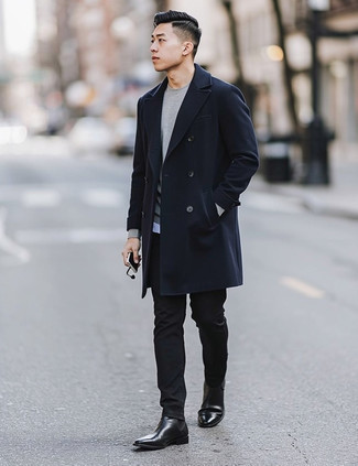 С чем носить темно-синее длинное пальто