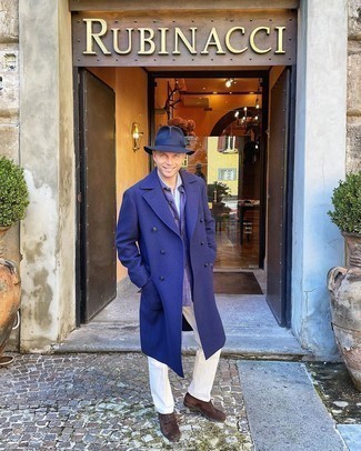 С чем носить темно-синее длинное пальто