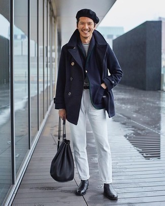 Как носить темно-синее полупальто с белыми брюками чинос