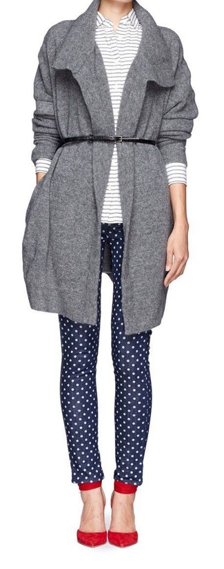 С чем носить темно-синие джинсы скинни в горошек