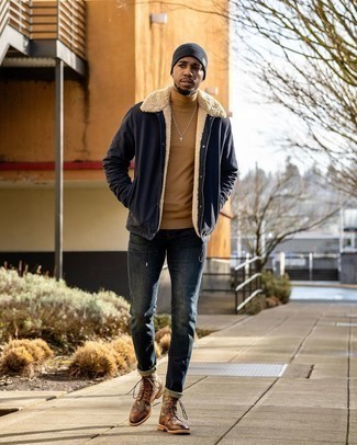 Какие ботинки броги носить с темно-синей курткой-рубашкой