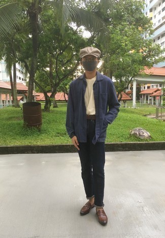 Какие лоферы носить с темно-синей курткой-рубашкой мужчине