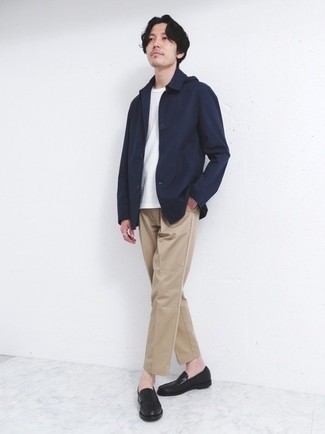 Какие лоферы носить с темно-синей курткой-рубашкой мужчине