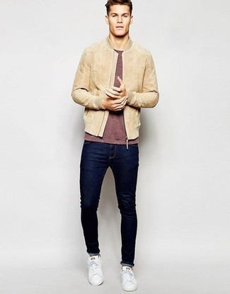 Какие бомберы носить с темно-синими зауженными джинсами мужчине