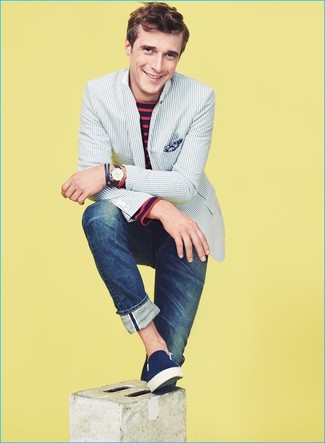 С чем носить темно-синие слипоны мужчине