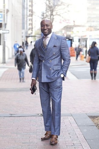 Как носить темно-синий костюм с коричневыми кожаными монками