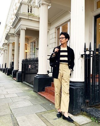 С чем носить темно-синий бархатный двубортный пиджак мужчине