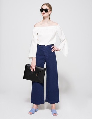 С чем носить темно-синие широкие брюки