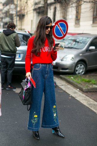 С чем носить темно-синие широкие брюки