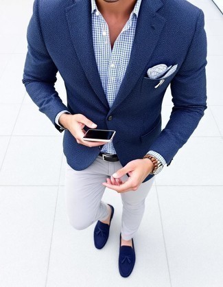 С чем носить темно-синий шерстяной пиджак мужчине