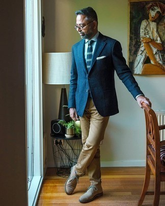 С чем носить темно-синий шерстяной пиджак мужчине