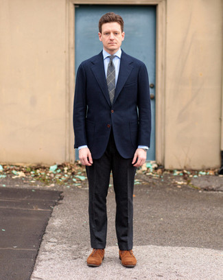 С чем носить темно-синий шерстяной пиджак мужчине