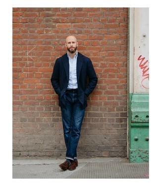 С чем носить темно-синий шерстяной пиджак мужчине