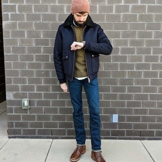 С чем носить темно-синюю шерстяную куртку харрингтон